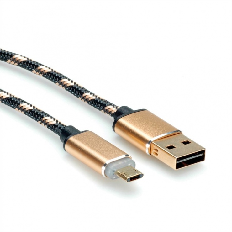 Imagine Cablu USB la micro USB-B reversibil cu LED GOLD Quick/Fast Charge 2.0 (incarcare rapida) T-T 1m, Roline 11.02.8319 