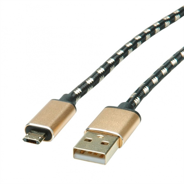 Imagine Cablu USB la micro USB-B 2.0 reversibil GOLD T-T 1.8m, Roline 11.02.8828