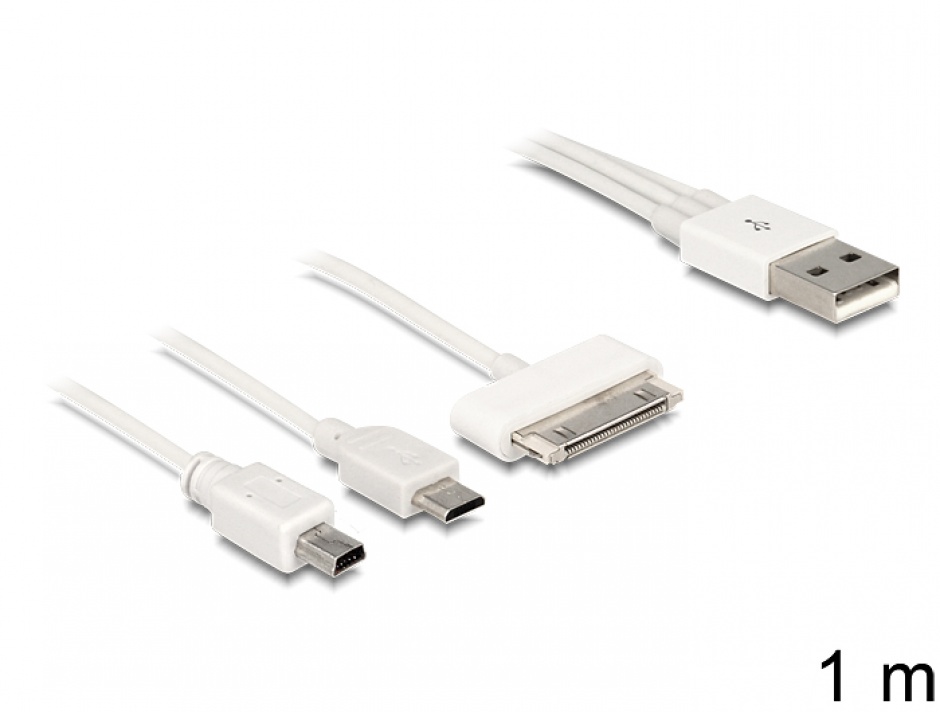 Imagine Cablu USB Multicharging 30 pini Apple/Samsung + mini USB + Micro USB 1m Alb, Delock 83419