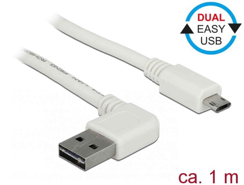 Imagine Cablu EASY-USB 2.0 tip A unghi stanga/dreapta la micro USB-B EASY-USB T-T 1m Alb, Delock 85171