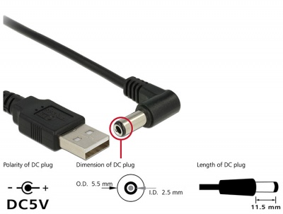Imagine Cablu de alimentare USB la DC 5.5 x 2.5 mm 90 grade 1.5m, Delock 83575