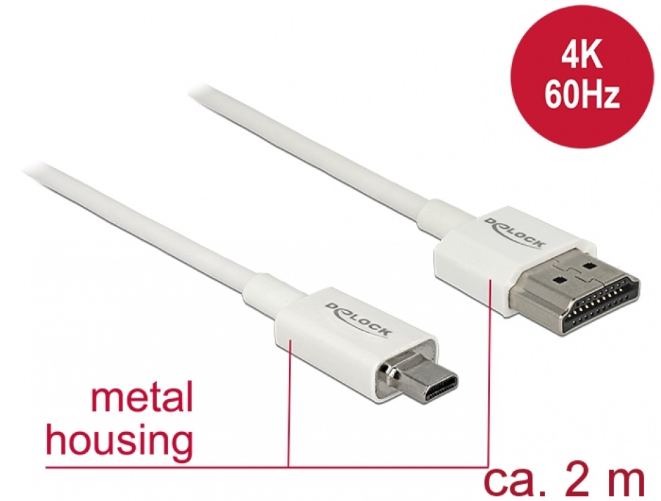 Imagine Cablu HDMI la micro HDMI-D T-T 3D 4K 2m Slim Premium Alb, Delock 85151-1