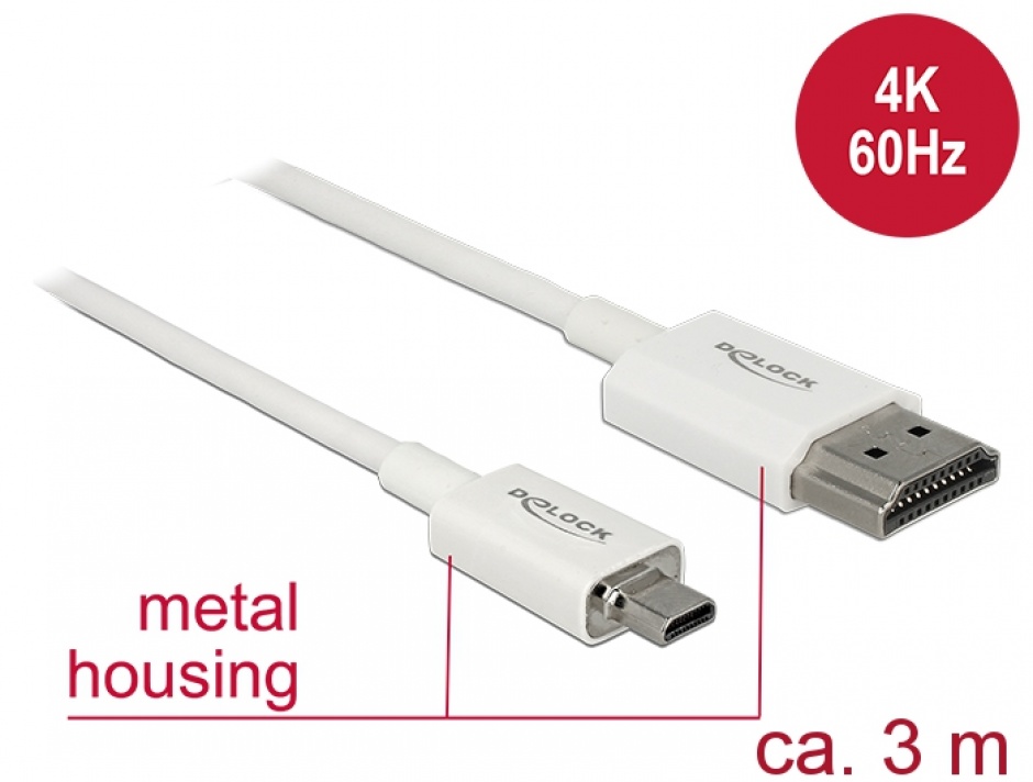 Imagine Cablu HDMI la micro HDMI-D T-T 3D 4K 3m Activ Slim Premium Alb, Delock 85152-1