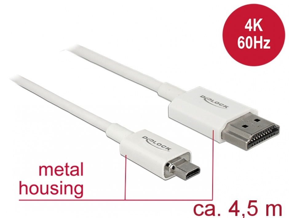 Imagine Cablu HDMI la micro HDMI-D T-T 3D 4K 4.5m Activ Slim Premium Alb, Delock 85153-1