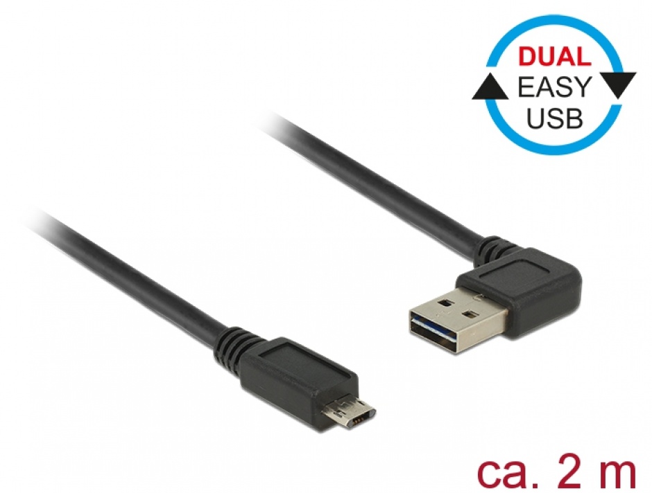 Imagine Cablu EASY-USB 2.0 tip A unghi stanga/dreapta la micro USB-B EASY-USB T-T 2m Negru, Delock 85166 
