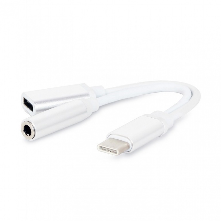 Imagine Adaptor USB-C la jack stereo 3.5mm + alimentare USB T-M 0.15m alb, Gembird CCA-UC3.5F-02-W 