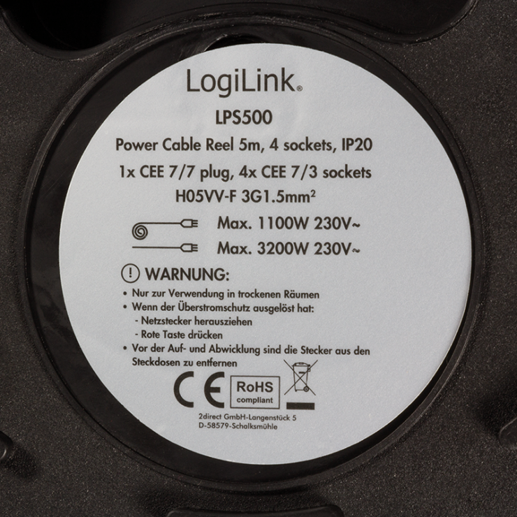 Imagine Prelungitor cablu alimentare cu 4 prize Schuko IP20 5m, Logilink LPS500