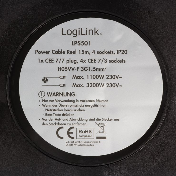 Imagine Prelungitor cablu alimentare cu 4 prize Schuko IP20 15m, Logilink LPS501