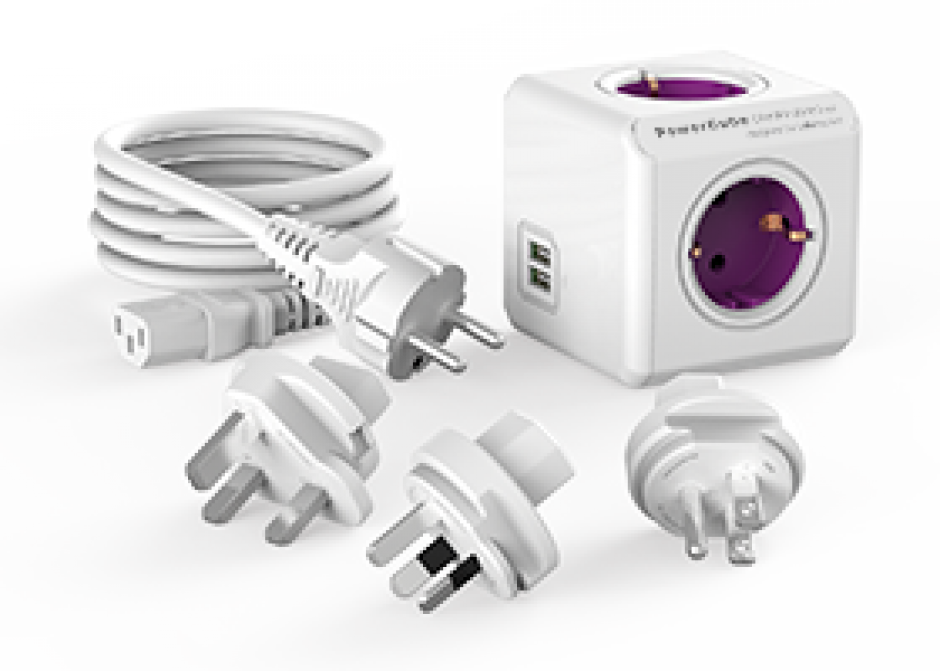 Imagine Prelungitor sub forma de cub Power Cube 4 prize Schuko + 2 x USB + 4 adaptoare priza 1m Alb/mov, ALLOCACOC