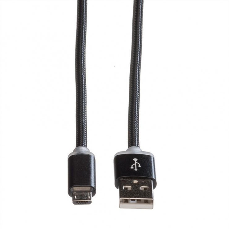 Imagine Cablu USB la micro USB pentru incarcare cu indicator LED 1m Negru, Roline 11.02.8318-1