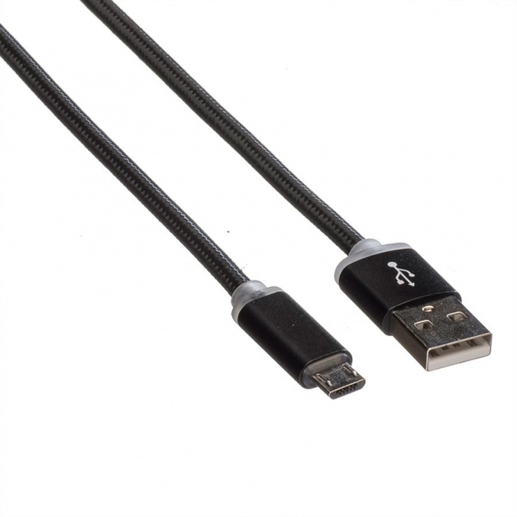 Imagine Cablu USB la micro USB pentru incarcare cu indicator LED 1m Negru, Roline 11.02.8318
