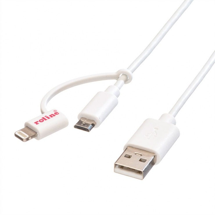 Imagine Cablu USB la micro USB-B + adaptor Lightning iPhone 5/6/7 Alb 1m, Roline 11.02.8325