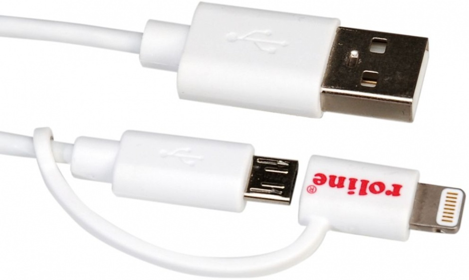 Imagine Cablu USB la micro USB-B + adaptor Lightning iPhone 5/6/7 Alb 1m, Roline 11.02.8325-3