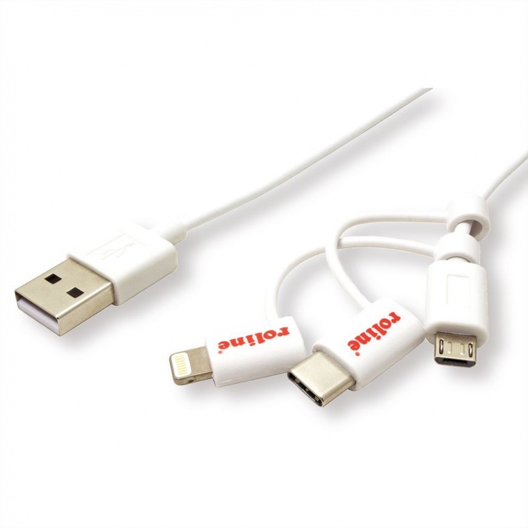 Imagine Cablu de date si incarcare USB la USB-C + micro USB-B + Lightning 1m Alb, Roline 11.02.8329 