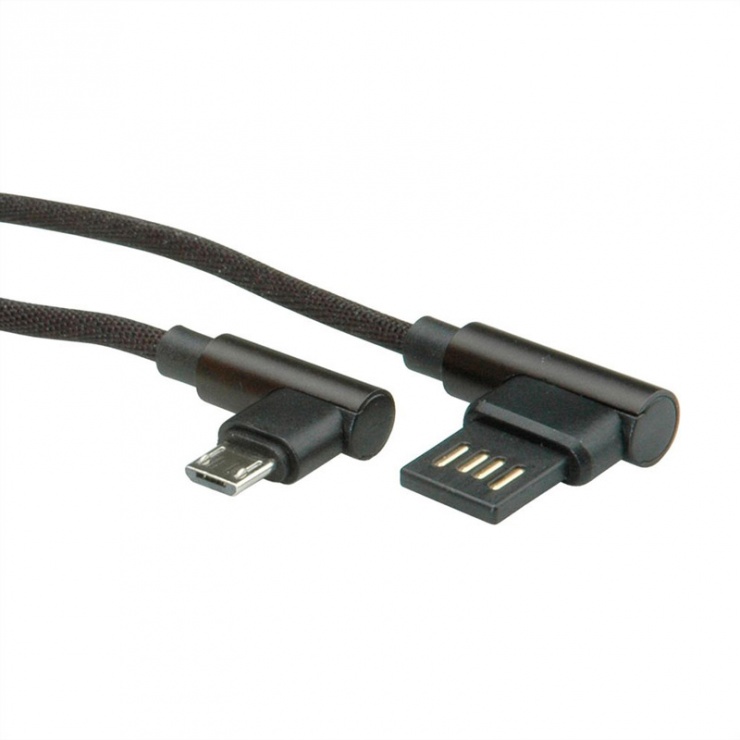 Imagine Cablu reversibil micro USB-B 2.0 la USB-A unghi T-T 0.8m Negru, Roline 11.02.8720-2