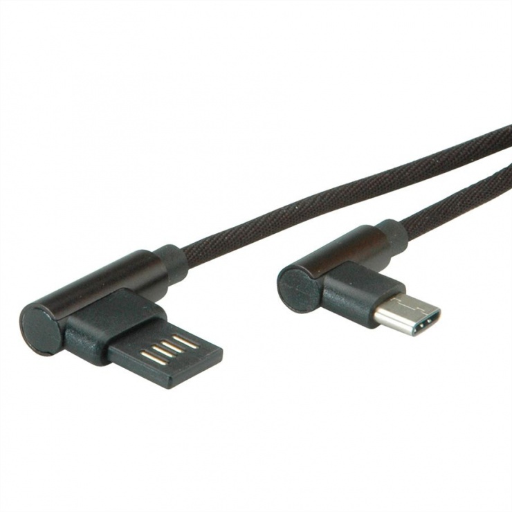 Imagine Cablu USB 2.0 tip C la USB tip A reversibil unghi 90 grade T-T 0.8m negru, Roline 11.02.9035-1
