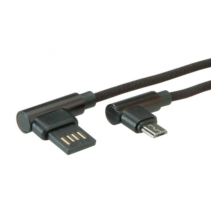 Imagine Cablu reversibil micro USB-B 2.0 la USB-A unghi T-T 0.8m Negru, Roline 11.02.8720