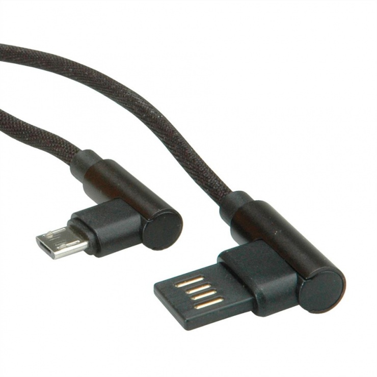 Imagine Cablu reversibil micro USB-B 2.0 la USB-A unghi T-T 0.8m Negru, Roline 11.02.8720-1