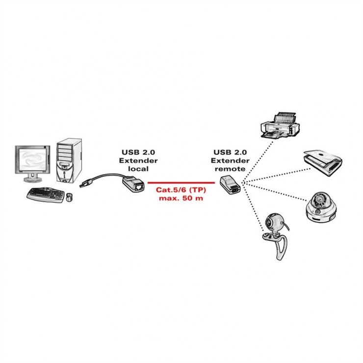 Imagine Cablu prelungitor USB 2.0 prin RJ45 max. 50m, Roline 12.04.1100-1