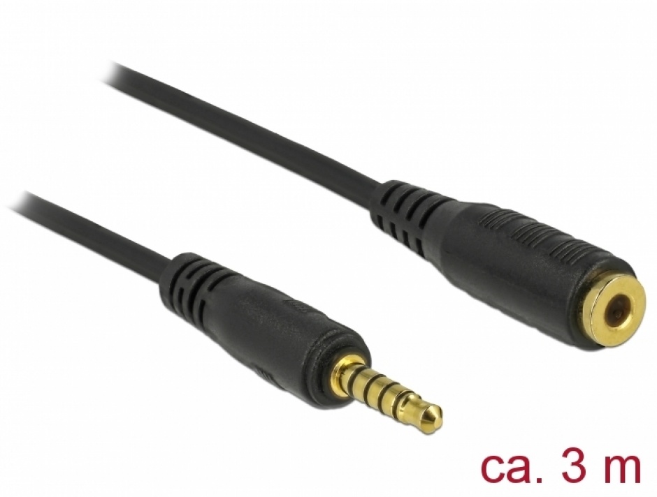 Imagine Cablu prelungitor jack stereo 3.5mm 5 pini T-M Negru 3m, Delock 85703