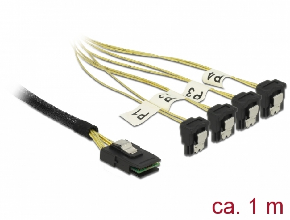 Imagine Cablu Mini SAS SFF-8087 la 4 x SATA unghi 1m, Delock 85687