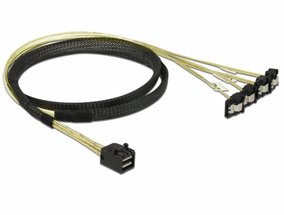 Imagine Cablu Mini SAS HD SFF-8643 la 4 x SATA unghi 1m, Delock 85685-1