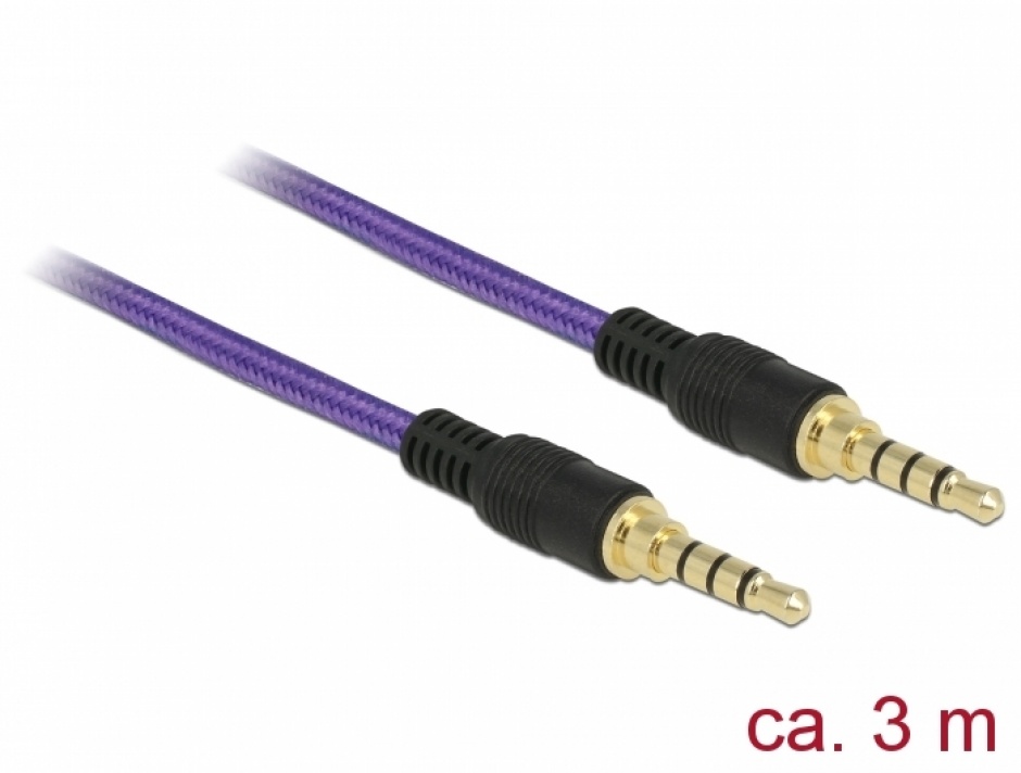 Imagine Cablu audio jack stereo 3.5mm (pentru smartphone cu husa) T-T 4 pini 3m mov, Delock 85602