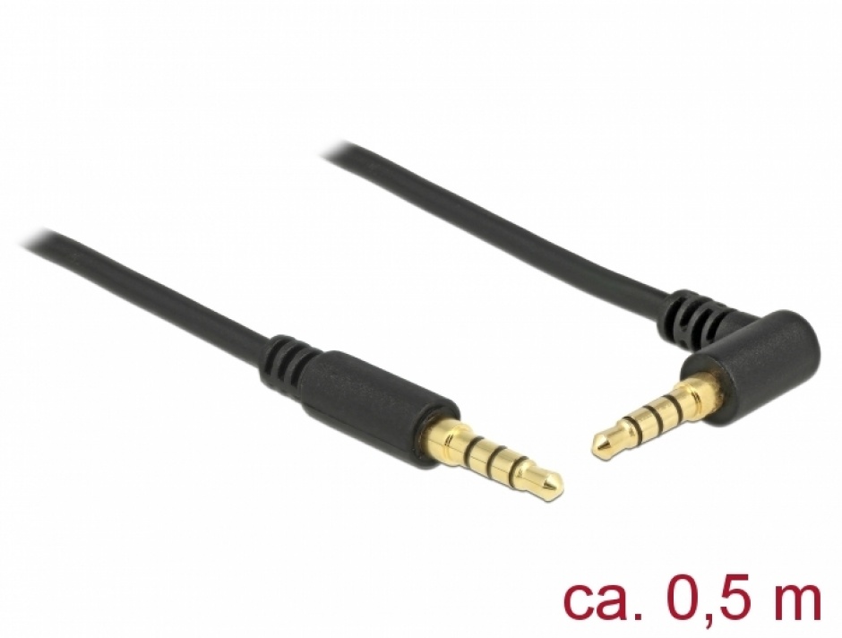 Imagine Cablu Stereo Jack 3.5 mm (pentru smartphone cu husa) 4 pini unghi 0.5m T-T Negru, Delock 85607