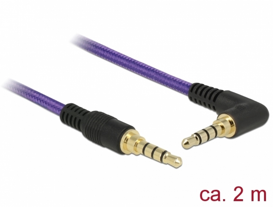Imagine Cablu stereo jack 3.5mm 4 pini (pentru smartphone cu husa) unghi Mov T-T 2m, Delock 85614