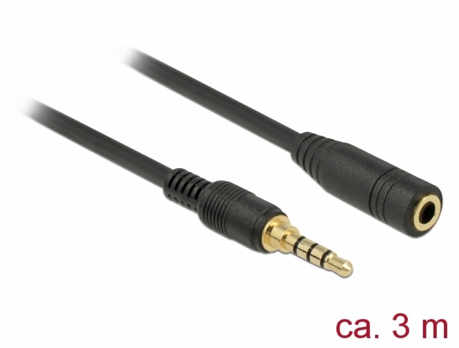 Imagine Cablu prelungitor audio jack 3.5mm 4 pini (pentru smartphone cu husa) T-M 3m, Delock 85633