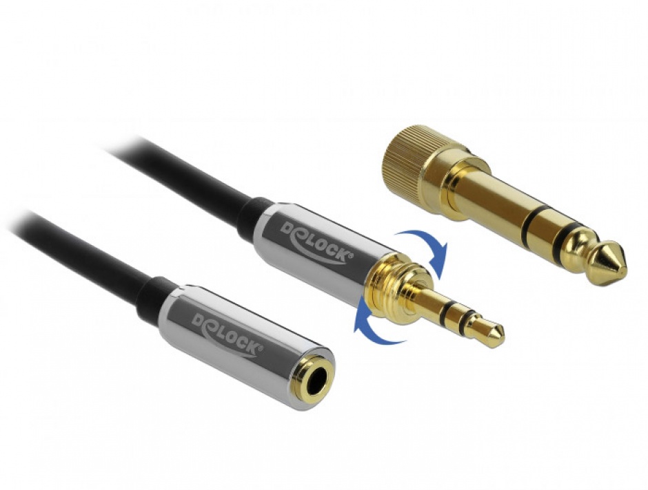 Imagine Cablu prelungitor jack stereo 3.5mm 3 pini T-M + adaptor cu surub 6.35 mm 0.5m, Delock 85779