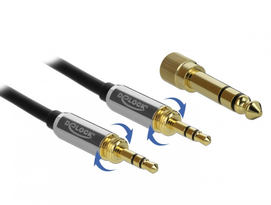 Imagine Cablu jack stereo 3.5mm 3 pini T-T + adaptor cu surub 6.35 mm 2m, Delock 85786