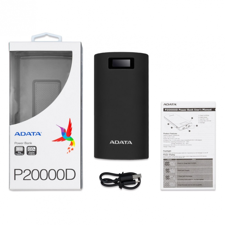 Imagine Power bank 20.000mAh Negru, A-DATA P20000-5