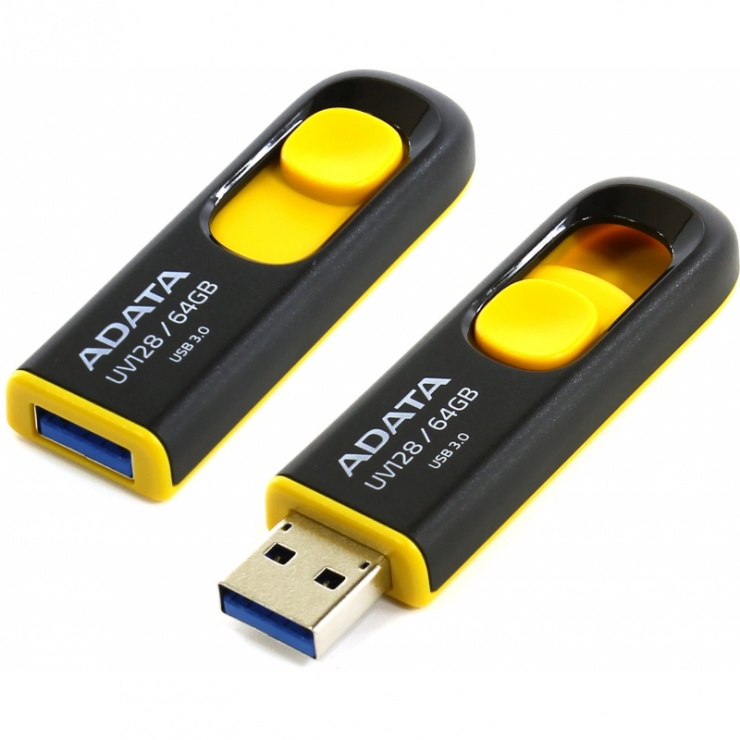 Imagine Stick USB 3.1 64GB UV128 retractabil Negru/Galben, ADATA AUV128-64G-RBY-1