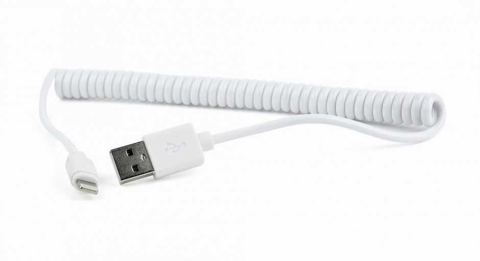 Imagine Cablu de incarcare + date USB 2.0 la iPhone Lightning spiralat 1.5m Alb, Gembird CC-LMAM-1.5M-W