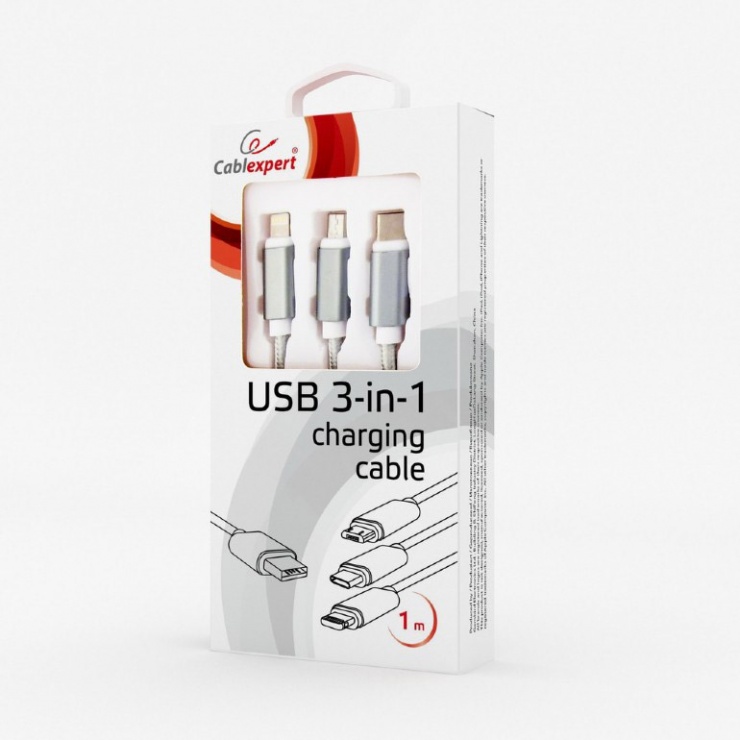 Imagine Cablu USB 2.0 la Micro USB-B, USB-C si Lightning Apple 1m, Gembird CC-USB2-AM31-1M-S-2