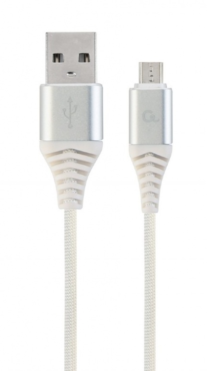 Imagine Cablu USB 2.0 la micro USB-B Premium T-T 1m Argintiu/Alb brodat, Gembird CC-USB2B-AMmBM-1M-BW2