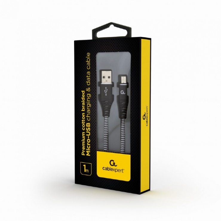 Imagine Cablu USB 2.0 la micro USB-B Premium T-T 1m Negru/Alb brodat, Gembird CC-USB2B-AMmBM-1M-BW-1