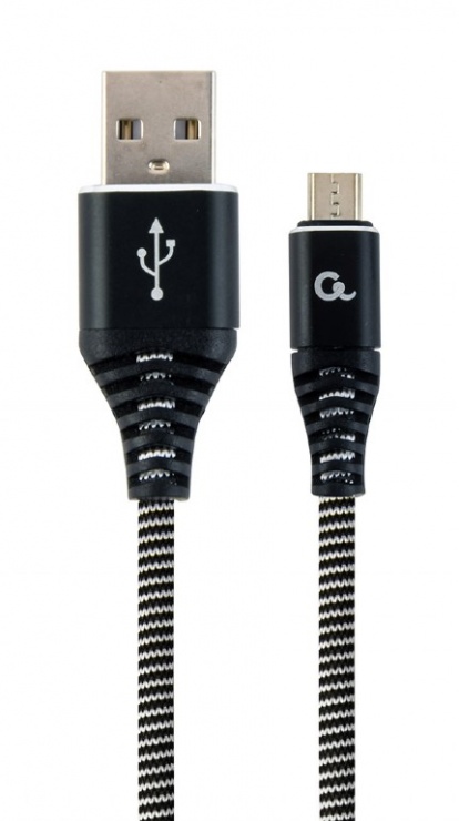 Imagine Cablu micro USB-B la USB 2.0 Premium Alb/Negru brodat 2m, Gembird CC-USB2B-AMmBM-2M-BW