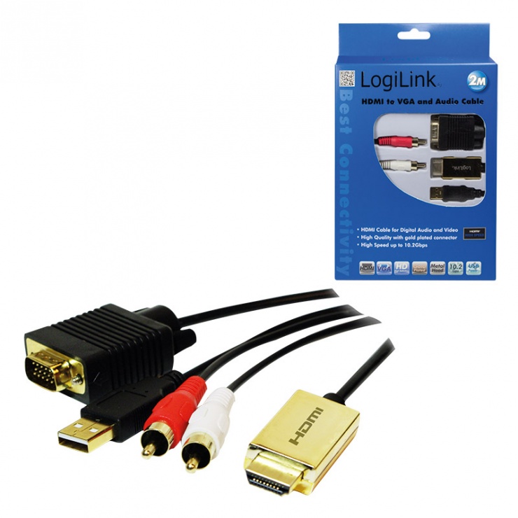 Imagine Cablu convertor HDMI la VGA cu audio si alimentare USB T-T 2m, Logilink CV0052A-2
