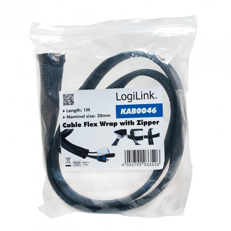 Imagine Plasa pentru fixarea cablurilor cu fermoar 30x20x1000mm Negru, Logilink KAB0046 