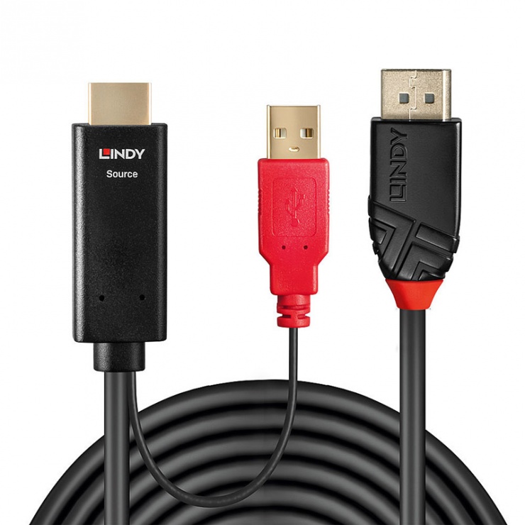 Imagine Cablu HDMI la Displayport cu alimentare USB T-T 3m Negru, Lindy L41427-1