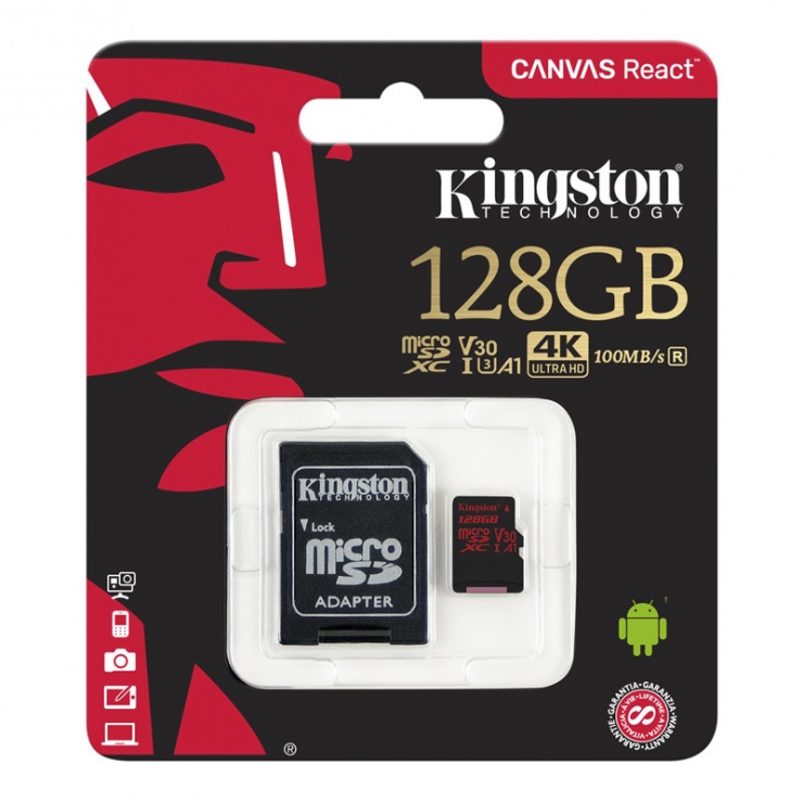 Imagine Card de memorie micro SDXC 128GB + adaptor SD Canvas React, Kingston SDCR/128GB-2