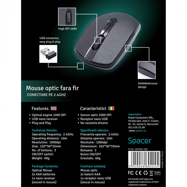 Imagine Mouse wireless 1000dpi negru, Spacer SPMO-161-6