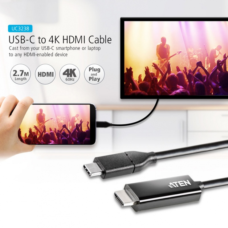 Imagine Cablu USB-C la HDMI 4K@60Hz T-T 2.7m Negru, ATEN UC3238-1