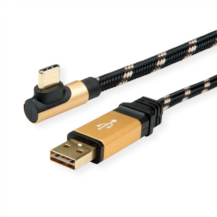 Imagine Cablu USB 2.0 tip C unghi 90 grade la USB-A reversibil GOLD T-T 0.8m, Roline 11.02.9060