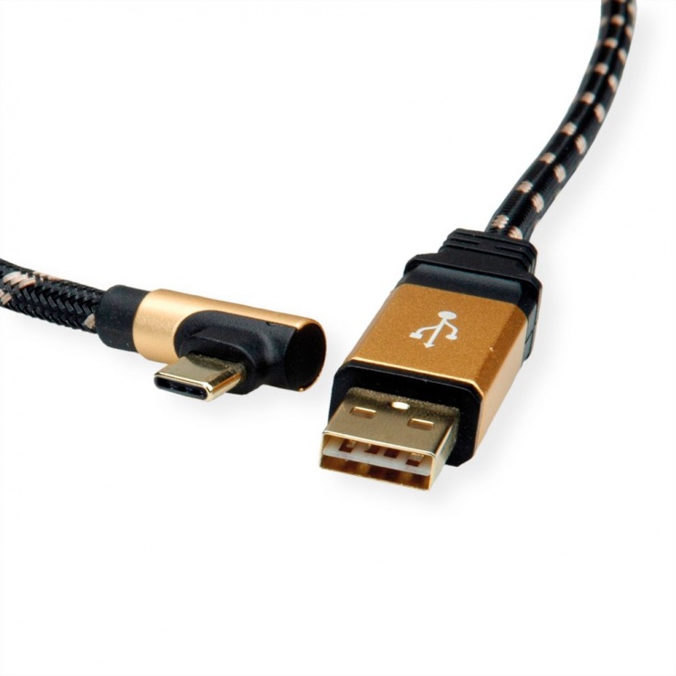 Imagine Cablu USB 2.0 tip C unghi 90 grade la USB-A reversibil GOLD T-T 0.8m, Roline 11.02.9060