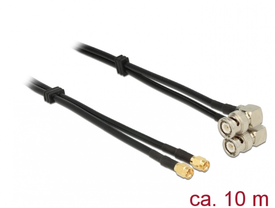 Imagine Cablu dublu antena SMA plug la BNC plug 90° RG-58 A/U 10m, Delock 12472