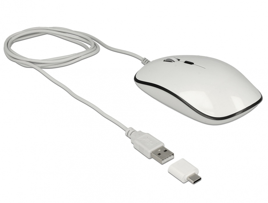 Imagine Mouse optic USB 4 butoane USB-A + adaptor USB-C alb, Delock 12532