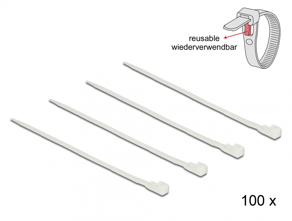 Imagine Set 100 bride reutilizabile albe 200mm x 4.8mm, Delock 18637
